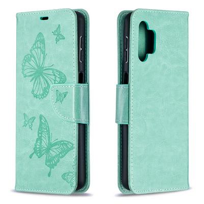 Embossed Two Butterflies Pattern Wrist Strap Style Shockproof  PU Leather + Soft TPU Card Slots Wallet Case for Samsung Galaxy A32 5G