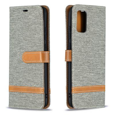 For Samsung Galaxy A02s Contrast Denim Leather Case Flip Stand Wallet with Wrist Strap & Card Slots