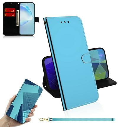Mirror Surface Imitation Wrist Strap Style Shockproof Side Flip PU Leather + Soft TPU Card Slots with Magnetic Buckle and Stand Wallet Case for Samsung Galaxy S20+