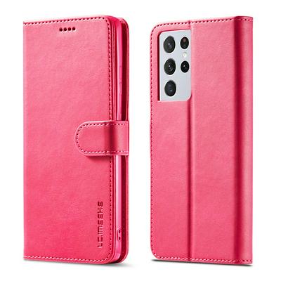 Magnetic Button Calf Pattern Shock-Absorption Side Flip PU Leather + Soft TPU Wallet Phone Case with Card Slot and Stand for Samsung Galaxy S21 Ultra 5G