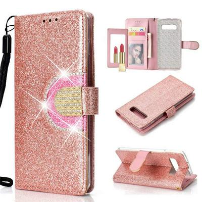 Glitter Powder Diamond Studded Stitching Wrist Strap Style Shockproof PU Leather + Transparent TPU Mirror with Picture Frame Card Slots and Magnetic Buckle Wallet Protective Case for Samsung Galaxy S10+ / S10 Plus