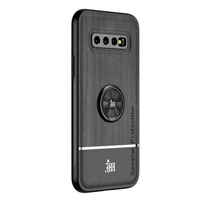 Ultra-thin Bionic Wood Grain Anti-fall Hard PC+ Soft Frame Back Cover Phone Case with Ring Buckle Bracket for Samsung Galaxy S10+/S10 Plus