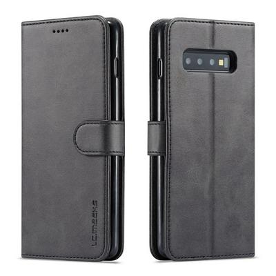 Magnetic Button Calf Pattern Shock-Absorption Side Flip PU Leather + Soft TPU Wallet Phone Case with Card Slot and Stand for Samsung Galaxy S10 Plus / S10+