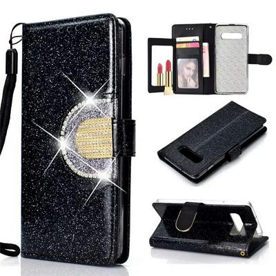 Glitter Powder Diamond Studded Stitching Wrist Strap Style Shockproof PU Leather + Transparent TPU Mirror with Picture Frame Card Slots and Magnetic Buckle Wallet Protective Case for Samsung Galaxy S10 