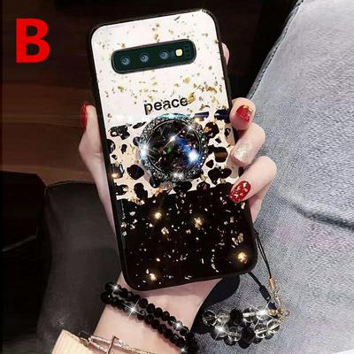 Bling Sparkle Glitter Gold Foil Hard PC with Diamond Studded Stand Holder and Strip Shockproof Anti-Scratch Back Cover Case for Samsung Galaxy S10e