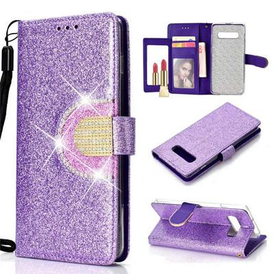 Glitter Powder Diamond Studded Stitching Wrist Strap Style Shockproof PU Leather + Transparent TPU Mirror with Picture Frame Card Slots and Magnetic Buckle Wallet Protective Case for Samsung Galaxy S10 Lite