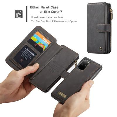 CaseMe 007 Series Multi-Function PU Leather + Detachable Magnetic Wireless Charging Support Leather Coated TPU Back Case 14 Card Slots with Magnetic Buckle and 1 Zipper Wallet Case for Samsung Galaxy S20+