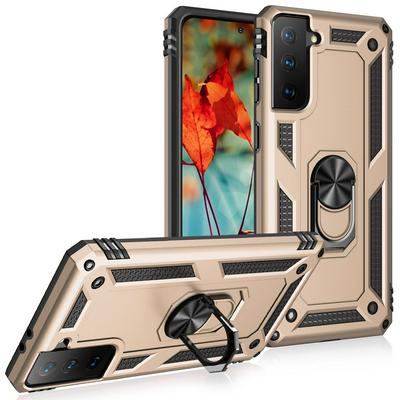 Sergeant Shockproof Drop-proof PC+TPU Phone Protective Case with Metal Ring Kickstand and Metal Patch for Samsung Galaxy S21 Plus