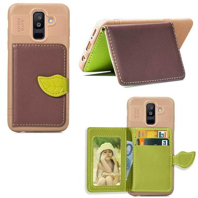 Card Holder Slots Stand Support with Picture Frame PU Leather Coated PC + TPU Back Cover Protective Case for Samsung Galaxy A6 Plus (2018)
