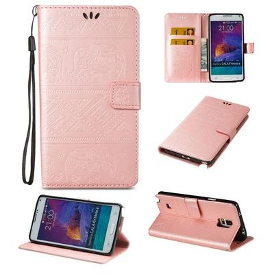 Solid Color Elephant Embossed Pattern PU Leather + Soft TPU Card Slots with Wrist Strap and Stand Wallet Protective Case for Samsung Galaxy Note 4