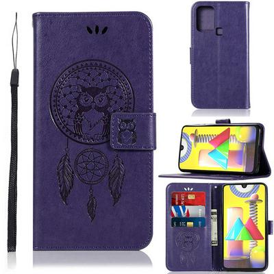 Embossed Dreamcatcher Pattern Wrist Strap Style Shockproof Side Flip PU Leather + Soft TPU Card Slots with Magnetic Buckle and Stand Wallet Case for Samsung Galaxy M31
