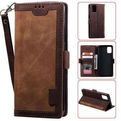 Retro Stitching Color Wrist Strap Style Side Flip Anti-Drop PU Leather + Soft TPU Picture Frame Card Slots with Magnetic Buckle and Stand Wallet Case for Samsung Galaxy A71