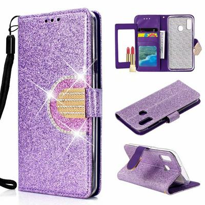 Diamond Studded Wrist Strap Side Flip PU Leather + Soft TPU Card Slots with Mirror and Stand Wallet Case for Samsung Galaxy A20