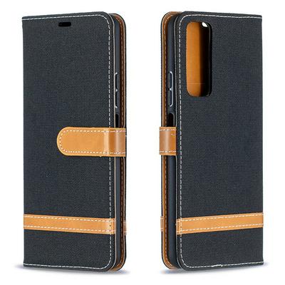 Color Block Denim Cloth Scratch Resistant PU Leather Phone Protective Case with Card Slots&Stand for HUAWEI Y7a