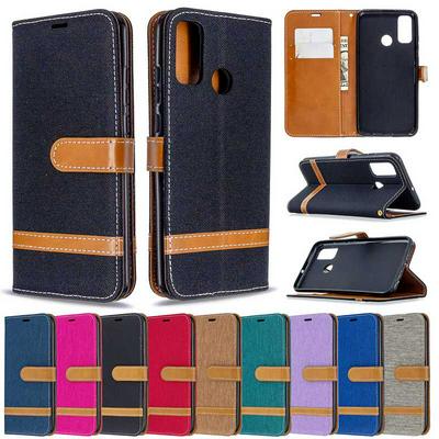 Fashion Color Block Denim Cloth All-round Protection PU Leather Phone Protective Case with Card Slots&Stand HUAWEI P Smart 2020