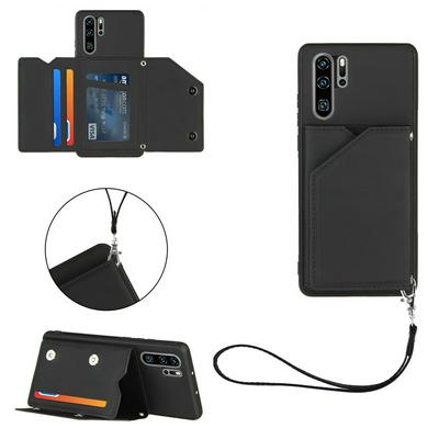 Skin Feel Card Slots Shockproof PU Leather Stand Wallet Phone Case with Hand Strap for HUAWEI P30 Pro