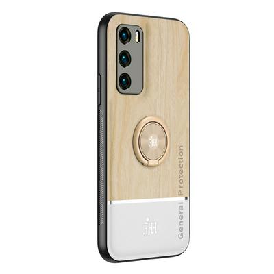 Ultra-thin Bionic Wood Grain Anti-fall Hard PC+ Soft Frame Back Cover Phone Case with Ring Buckle Bracket for HUAWEI P40 