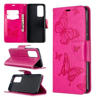 Embossed Two Butterflies Wrist Strap Style Anti-Fall Side Flip PU Leather + Soft TPU Stand with Magnetic Buckle and Card Slots Wallet Case for Huawei P40