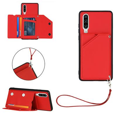 Skin Feel Card Slots Shockproof PU Leather Stand Wallet Phone Case with Hand Strap for HUAWEI P30