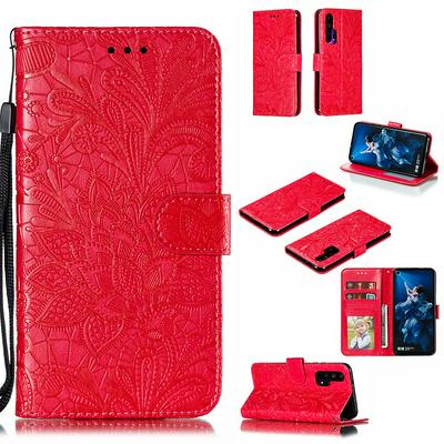 Wallet Case for Honor 20 Pro, Flower-embroidered Leather Phone Case with Lanyard and Magnetic Closure