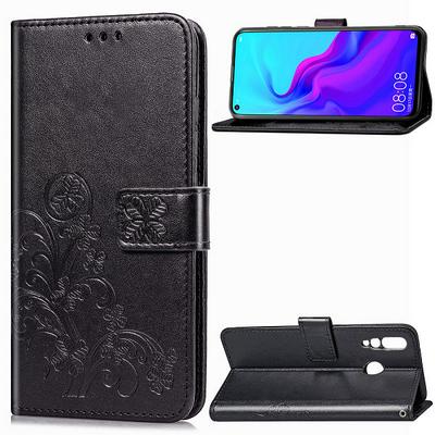 Embossed Four-Leaf Clover Shockproof Side Flip PU Leather + Soft TPU Stand with Magnetic Buckle and Card Slots Wallet Case for Huawei Nova 4