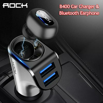 ROCK B400 Intelligent Dual USB Car Charger + 4.2 Bluetooth Wireless Earphone Digital Fast Quick Charging Monitoring  