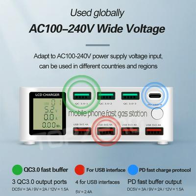 8 Poorten Usb Fast Charger Quick Lading QC3.0 PD3.0 Multi Usb Opladen Station Lcd Digitale Display Fast Charger Voor Iphone android