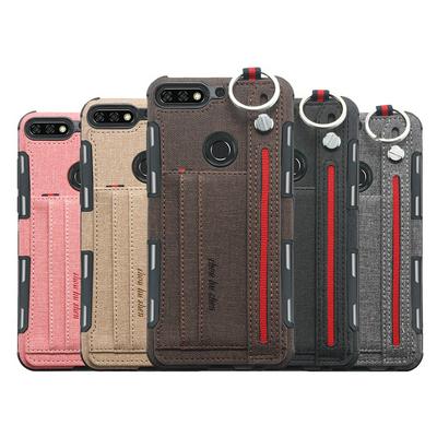 PU Leather Coated PC + TPU with Card Holder Keyring Strap Back Cover Case for Huawei Y7 (2018) 