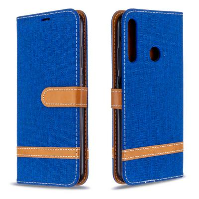 Stitching Color Denim Cloth Shock-Absorption Side Flip PU Leather + Soft TPU Card Slots with Magnetic Buckle and Stand Wallet Case for Huawei P40 Lite E / Y7p