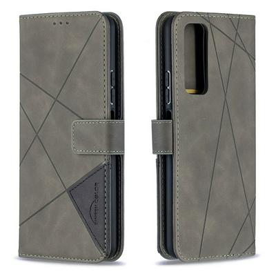 Stitching Color Rhombus Pattern BF05 Scratch Resistant PU Leather Wallet Phone Case with Stand &Card Slots for HUAWEI Y7a