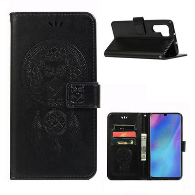 Embossed Owl Pattern Shockproof Side Flip PU Leather + Soft TPU Stand with Magnetic Buckle and Card Slots Wallet Case for Huawei P30 Pro
