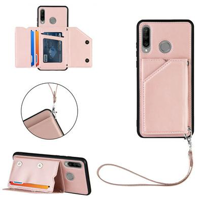 Skin Feel Card Slots Shockproof PU Leather Stand Wallet Phone Case with Hand Strap for HUAWEI P30 Lite