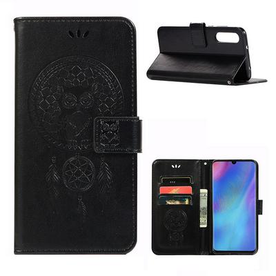 Embossed Owl Pattern Shockproof Side Flip PU Leather + Soft TPU Stand with Magnetic Buckle and Card Slots Wallet Case for Huawei P30 