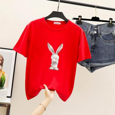 Women's Fashionable Casual T-shirt Short Sleeve Crewneck Clear Print - Red, Purple, Black