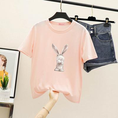 Women's Fashionable Casual T-shirt Short Sleeve Crewneck Clear Print - Pink, Yellow, White