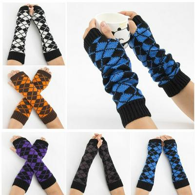 32x8cm Hit Color Rhombus Pattern Fashion Women Men Winter Wrist Arm Warm Knitted Long Fingerless Gloves