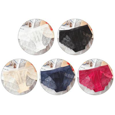5PCS/Pack Sexy Seamless Ice Silk Stitching Lace Trim Panties Transparent Hollow Breathable Low Waist Briefs for Women