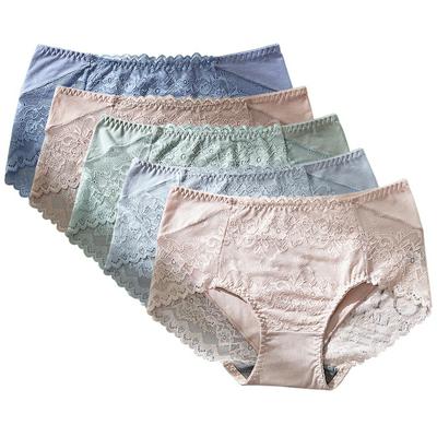 5PCS/Pack Women's Pure Cotton Plus Size Sexy Lace Panties 3A Graphene Antibacterial Crotch Middle Waist Panties
