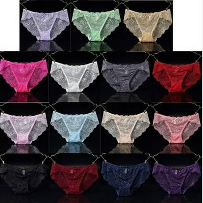 Tempting Lace Transparent Women's Underwear Sexy Solid Color Low Waist Briefs Cotton Quiltless Seamless Panties Random Color