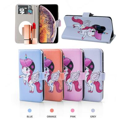 Pegasus Unicorn Pattern with Makeup Mirror PU Leather + Soft TPU with Stand Support and Card Holder and Wallet Slots Protective Case for Samsung Galaxy S9