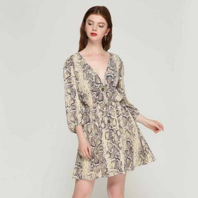 Women Sexy V-neck Snake Pattern Dress Elastic Waist  