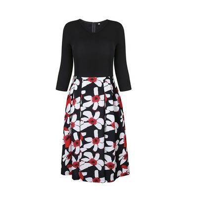 V Collar Cropped Skirt Pocket Flower Print Giant Swing Dress