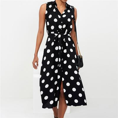 Women Sexy Summer Polka Dot Sleeveless Beach Chiffon Dresses Boho Turn Down Collar V-neck Shirt Office Dress  