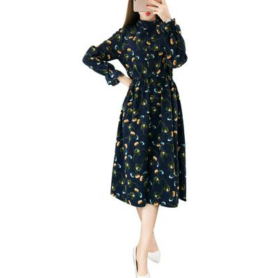 Long-sleeved Corduroy Thickened Retro Stand-printing Printing Dress Long Thin Waist Skirt