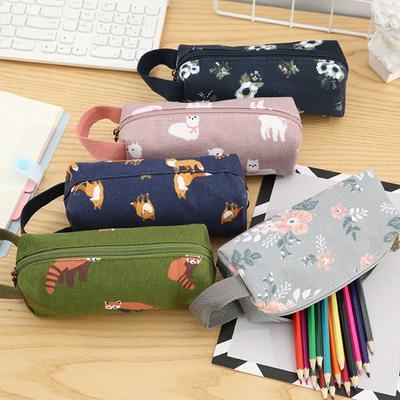 Cute Canvas Pencil Bag Printed Pencil Pouch with Zipper Closure and Hand Strap