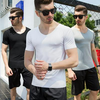 Men's Scoop Neck T-shirt Ice Silk Red Marks Free Sports Top - White, Black, Grey