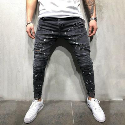 Men's Hole Fashion Jeans Slim Hip Hop Men's Jeans Robot Short Leg Denim Pants