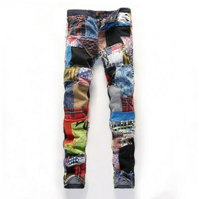 Men's Multicolor Patchwork Colorful Patch Straight Tube Full Length Button Jeans 