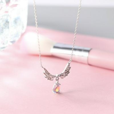Angel Wings Natural Moonstone Pendant Necklace White Crystal Clavicle Chain Moonstone s925 Sterling Silver Necklace 