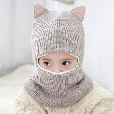 MZ6930 Cute Ears Baby Autumn Winter Thick Plus Velvet Warm Windproof Knit One-Piece Bib Hat for Children 2-5 Years Old